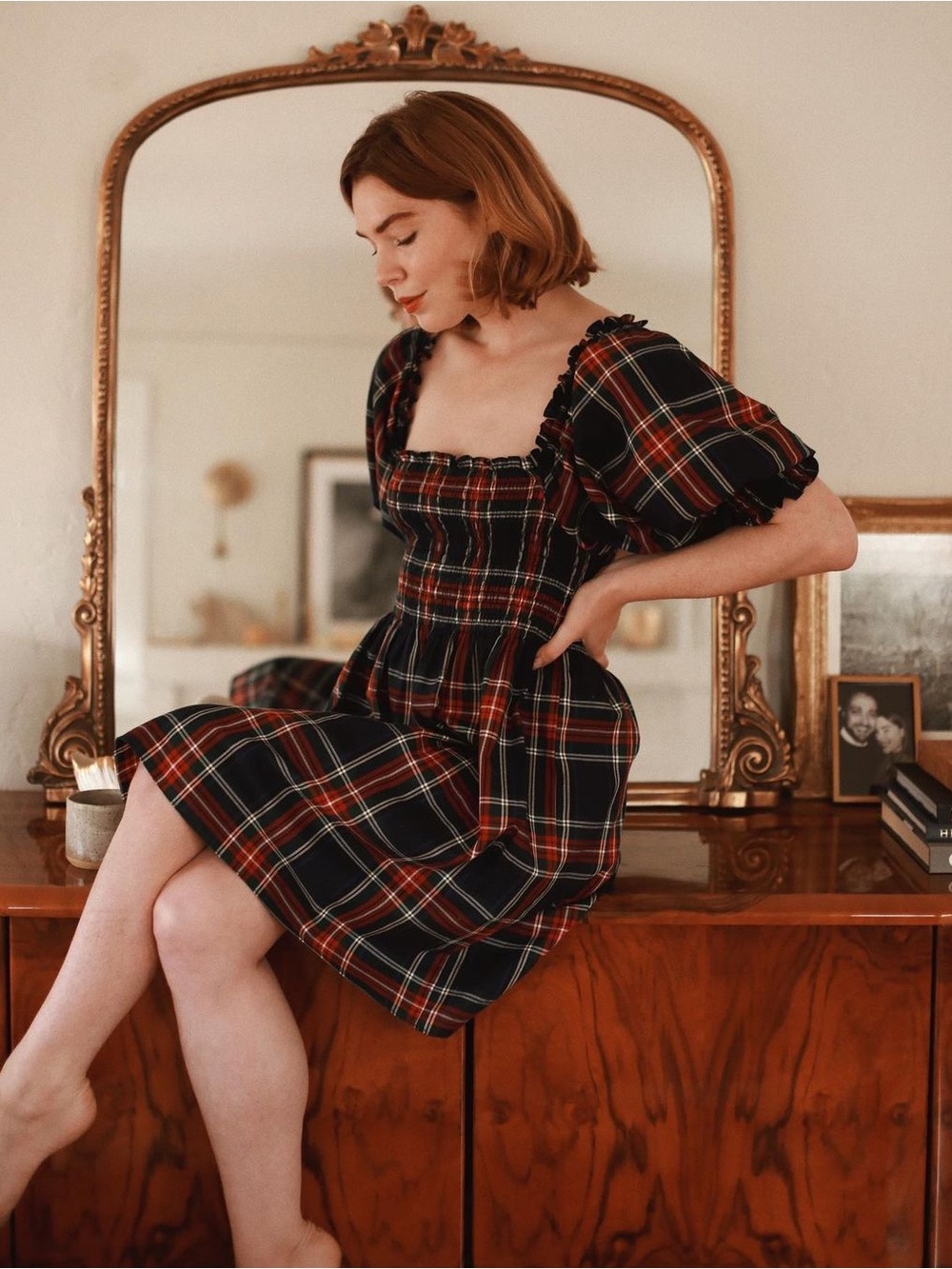 Smocked Plaid Mini Dress in Navy and Red Athena nap dress